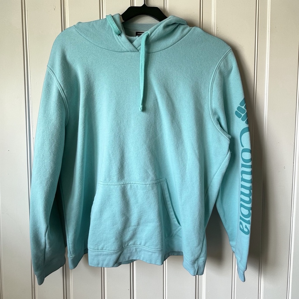 Columbia Hoodie Womens XL Aqua Blue Fleece Pullover Logo Sleeve Cozy Casual